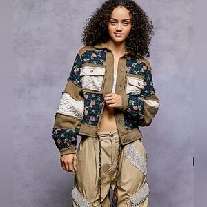 POL Floral Patchwork Utility Jacket - Navy and Tan POL Floral Corduroy Boho